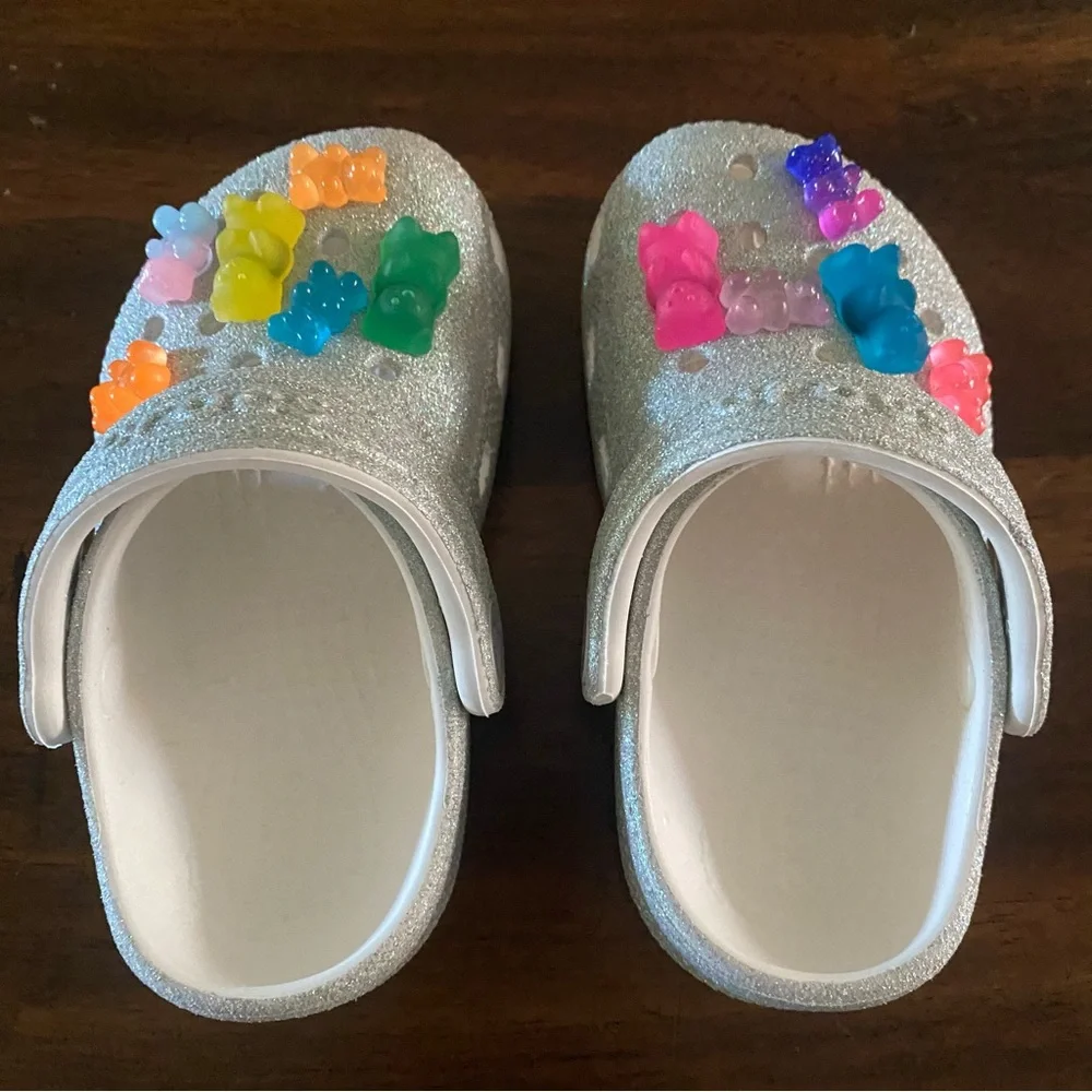 CROCS Silver Glitter Clogs with Colorful Gummy Bear Charms